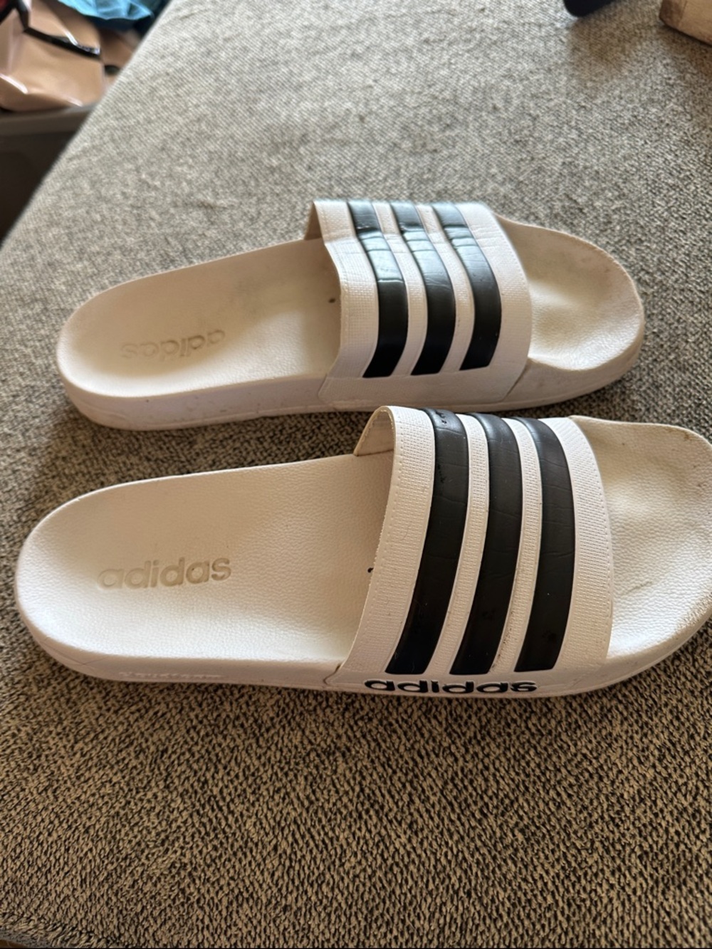 adidas White Slides with Black Stripes and Logo